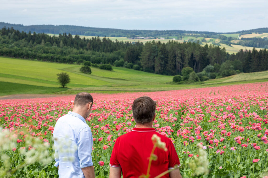 Gerhard Winkler und Mohnbauer Andreas Greßl schauen auf das Mohnfeld.